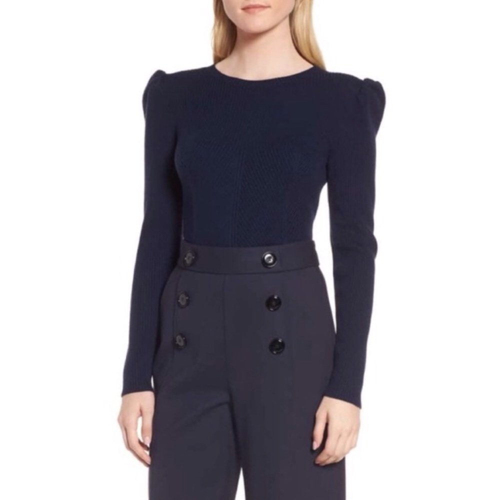 Lewit Merino Wool Blend Puff Sleeve Sweater Navy Cozy Classic Pullover Sz Medium